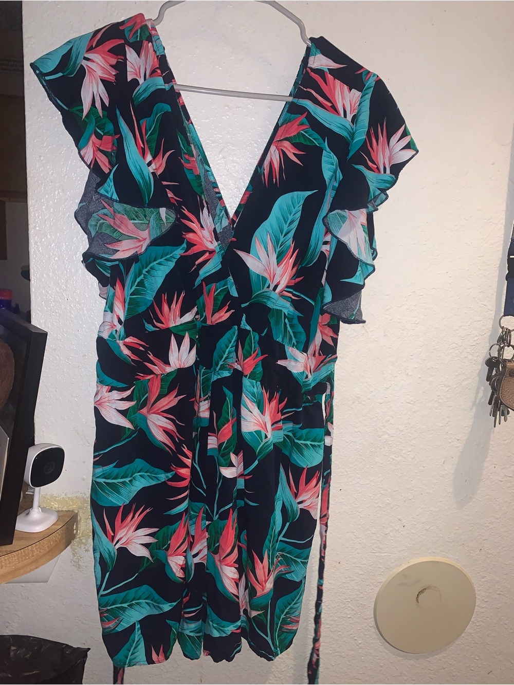 SHEIN Navy Tropical Floral Wrap Romper